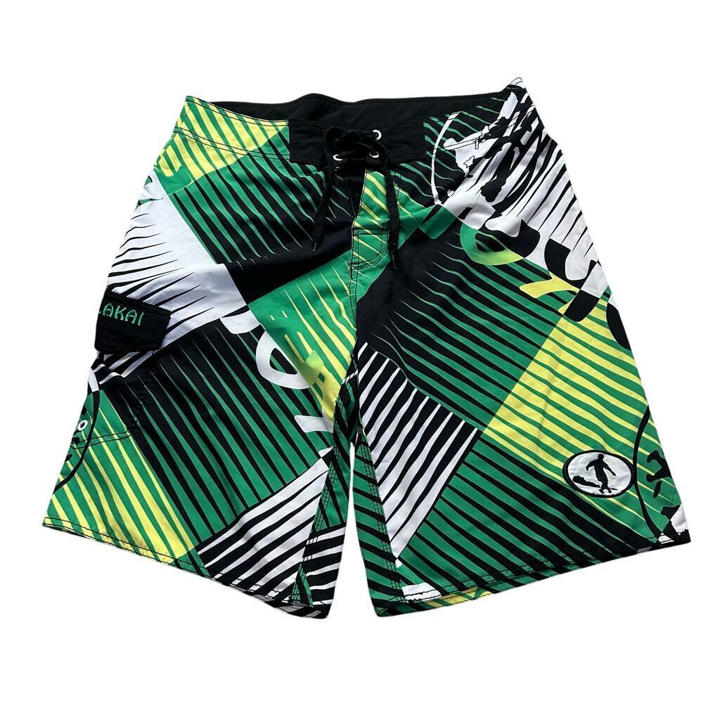 Hulakai Board Shorts Size 34 Cargo Pocket Green Black White Surf Beach Hawaii